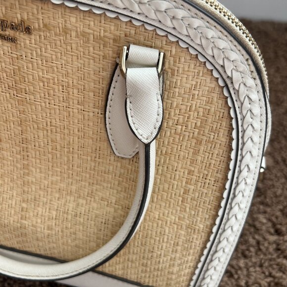KATE SPADE White Leather Rattan Top Handle Tote Zipper Closure Crossbody Bag EUC - Picture 10 of 11